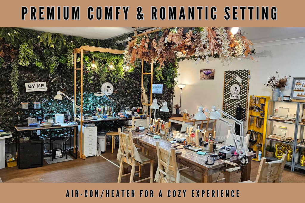 Beautiful Silversmithing Workshop Background (flowers and silversmithing tools and tables) at Brisbane’s enchanted Jewellery-Making Workshop: ByMe Workshop with text: Premium Comfy & Romantic Setting Air-Con/Heater  for a cozy experience