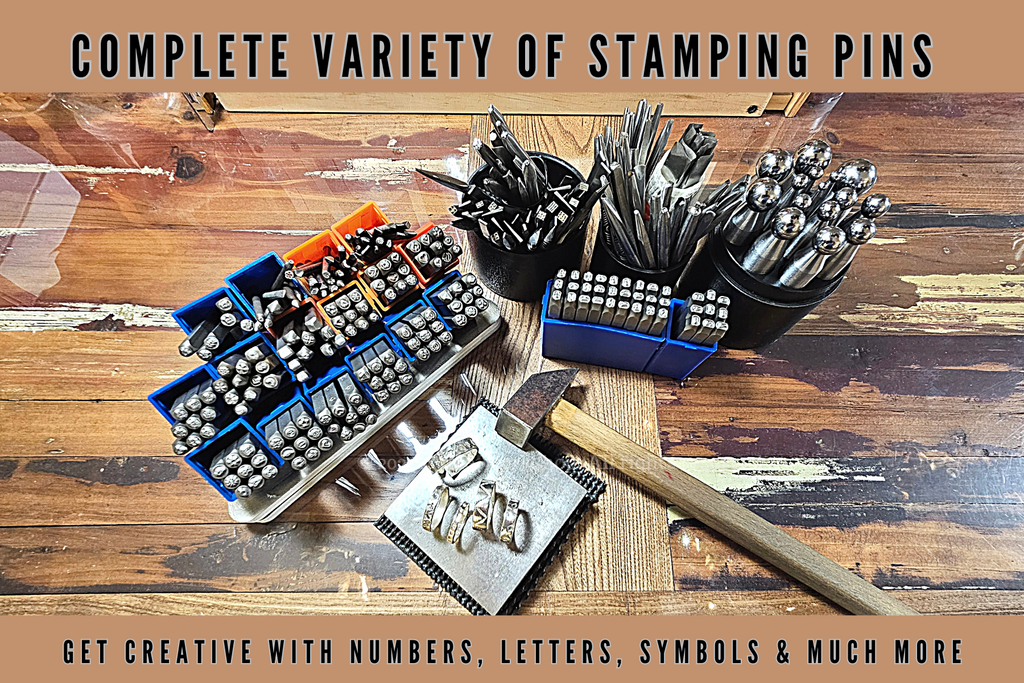 Completely range of Varity Stamping pins and Hammer with 5 different patterned rings, with text Get creative with numbers, letters, symbols & much more.