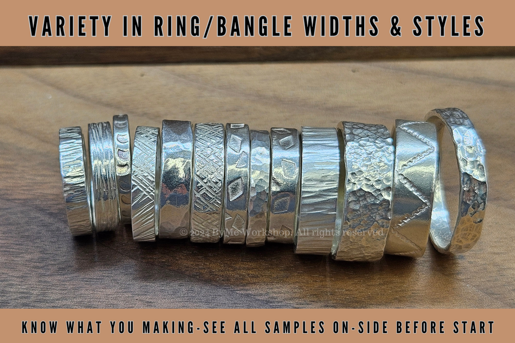  13 pieces of Silver Rings with different width and hammered patterns, with text: © 2024 ByMe Workshop.All rights reserved " Know what you making- See all samples on-site before start "