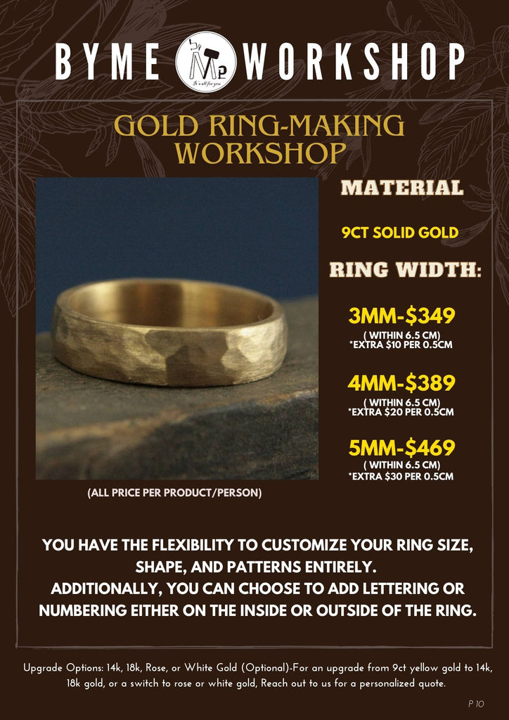 ByMe Workshop Gold Ring Making Class Menu with different ring width and prices.