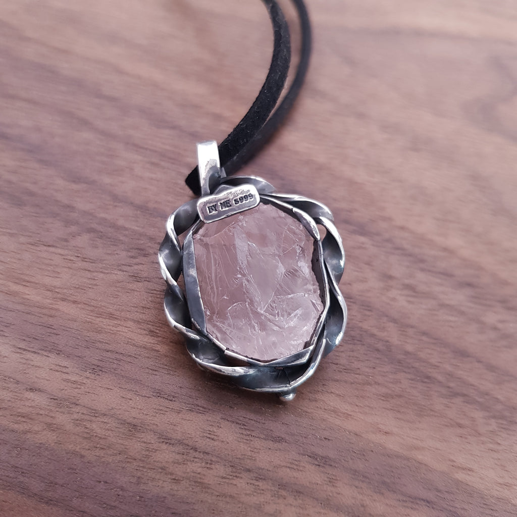 BYME raw rose quartz pendant back